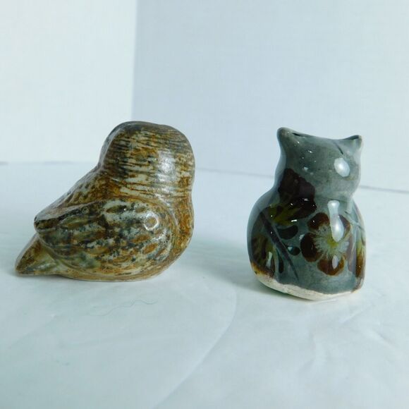 Lot of 2 Mini Owl Pottery Figurines 1.25" Tonala Mexico Hand Painted Gray Brown - Picture 3 of 11
